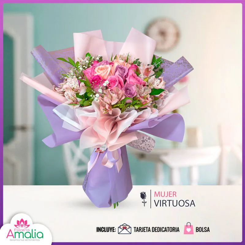 Ramo Mujer Virtuosa con rosas lilas y astromelias – Florería Amalia