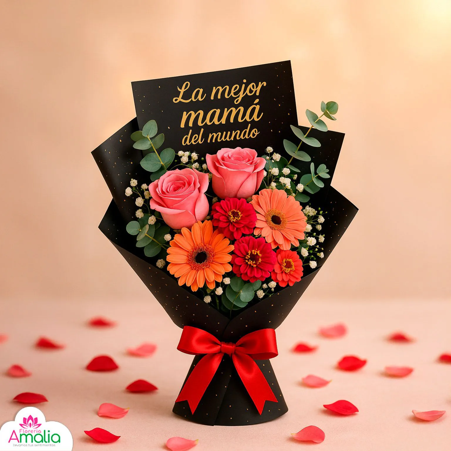 Ramo floral elegante con rosas rosadas y gerberas para el Día de la Madre – Florería Amalia