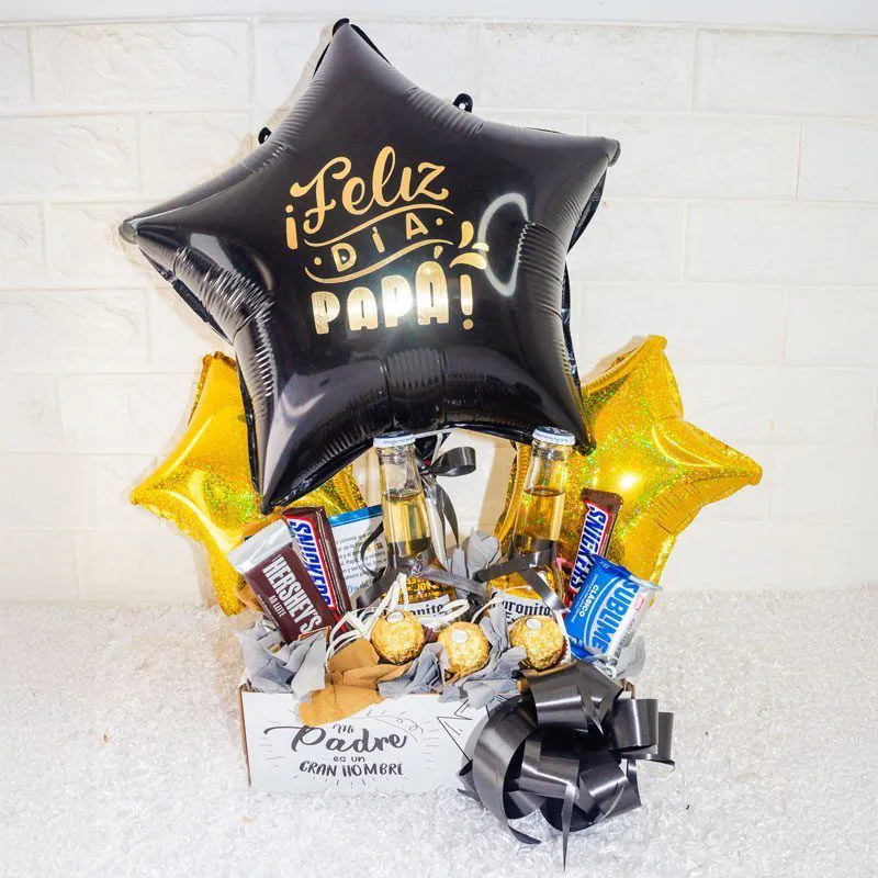 “Caja Día del Padre con globos ‘¡Feliz Día Papá!’, cervezas artesanales y surtido de chocolates 🍻🎈🍫”