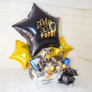 “Caja Día del Padre con globos ‘¡Feliz Día Papá!’, cervezas artesanales y surtido de chocolates 🍻🎈🍫”