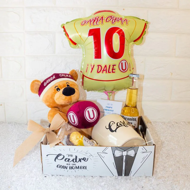 Caja regalo Día del Padre “Garra Crema” con peluche de osito, globo temático, cerveza y taza personalizada. 🐻⚽🍺