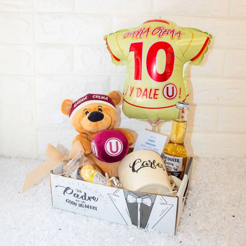 Caja regalo Día del Padre “Garra Crema” con peluche de osito, globo temático, cerveza y taza personalizada. 🐻⚽🍺