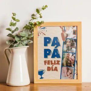 Cuadro collage en marco de madera con fotos de padre e hijo y texto “Papá Feliz Día” para regalo Día del Padre. 👨‍👦🌟