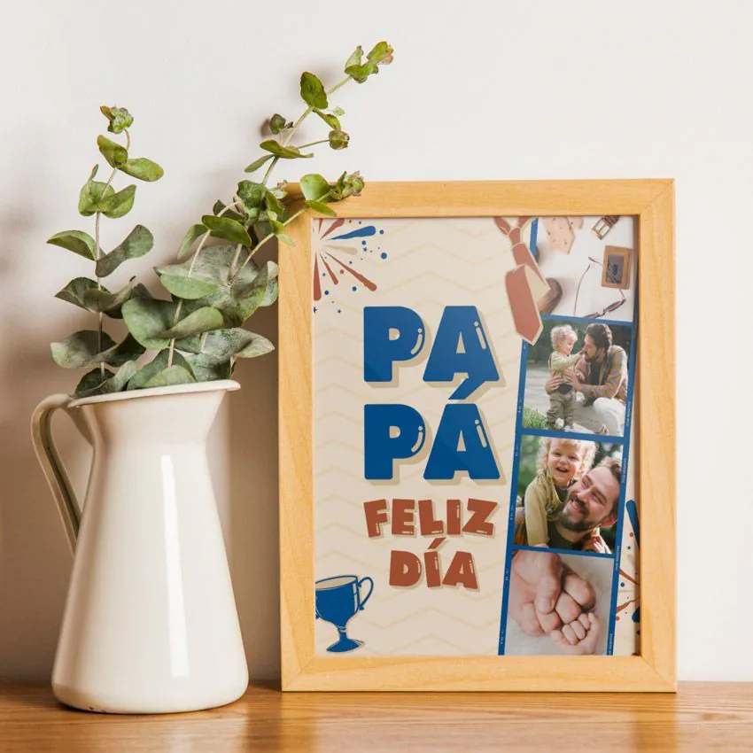 Cuadro collage en marco de madera con fotos de padre e hijo y texto “Papá Feliz Día” para regalo Día del Padre. 👨‍👦🌟