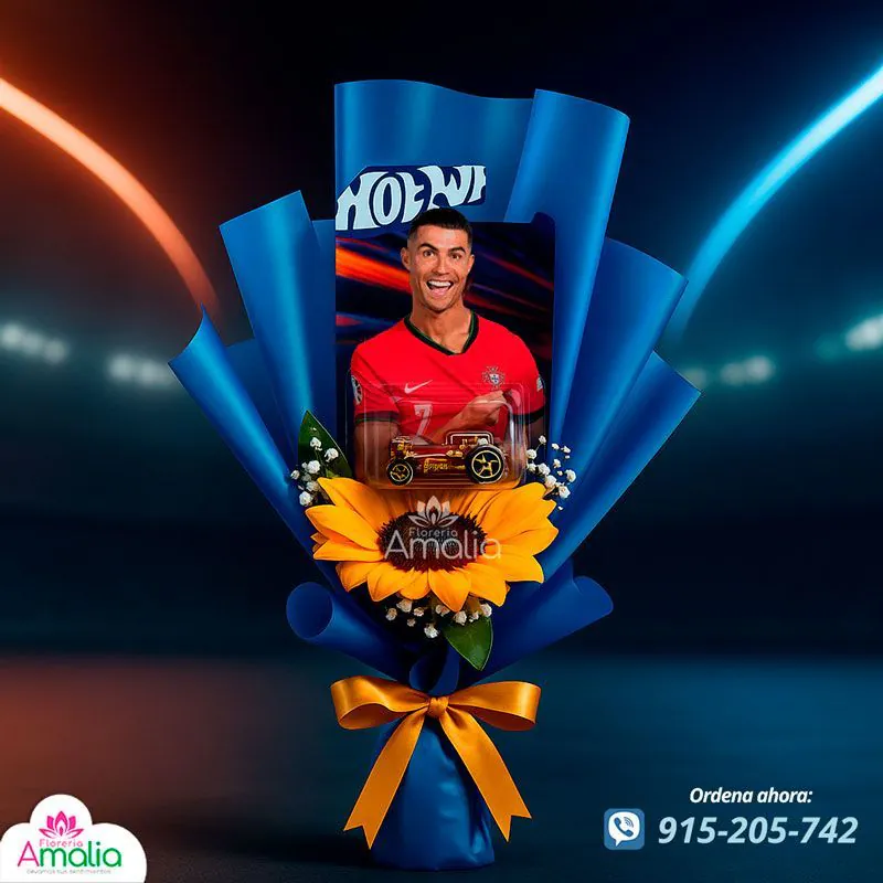 Bouquet fútbol con Hot Wheels y girasol, papel azul y lazo dorado – Florería Amalia