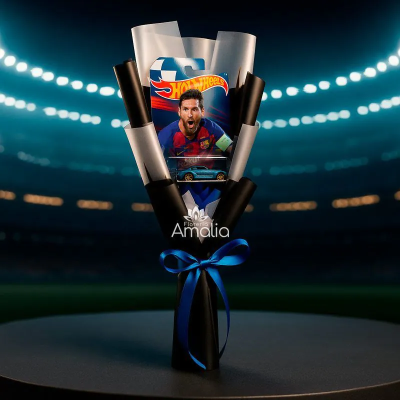 Ramo Hot Wheels Messi con carrito de colección y lazo azul – Florería Amalia