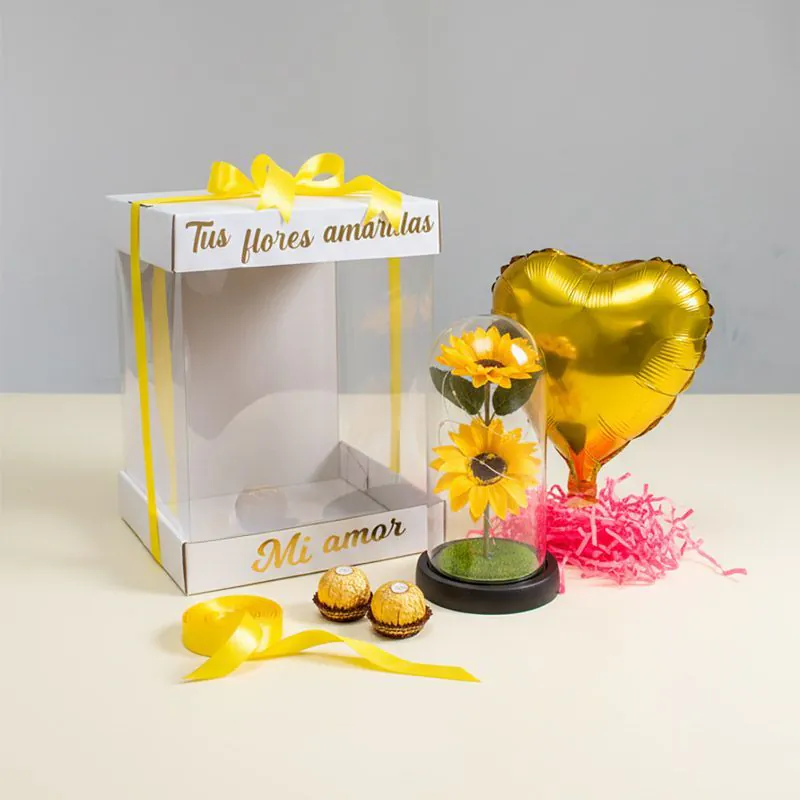 Contenido del box flores amarillas: cúpula girasoles, globo corazón y chocolates