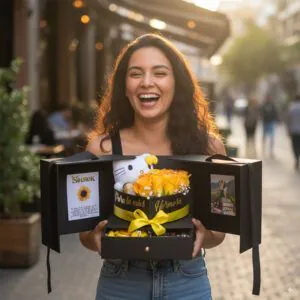 Chica sosteniendo caja sorpresa negra con rosas amarillas, peluche y chocolates – Florería Amalia