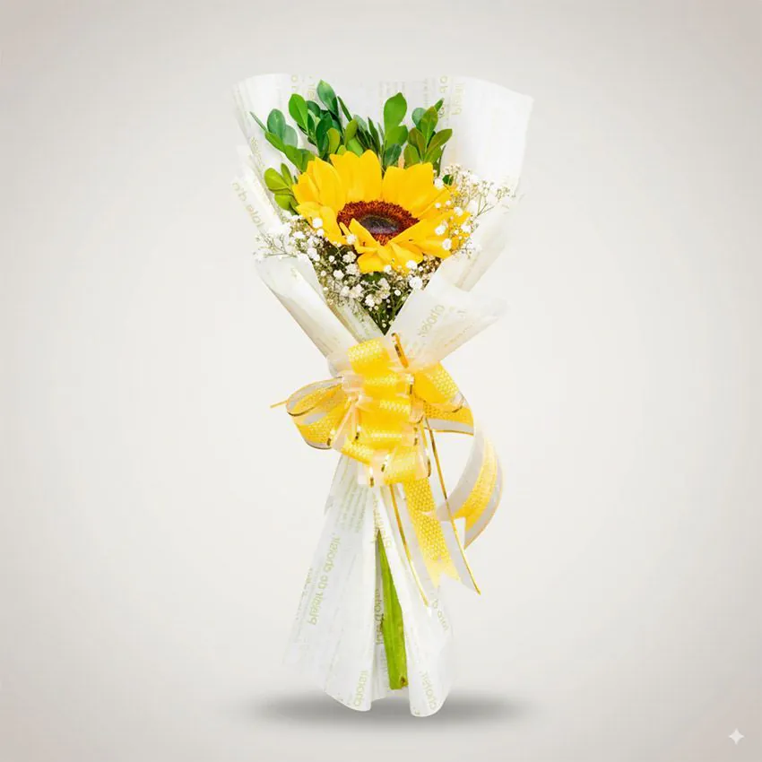 Ramillete de girasol con gypsophila y envoltorio translúcido – Florería Amalia Lima