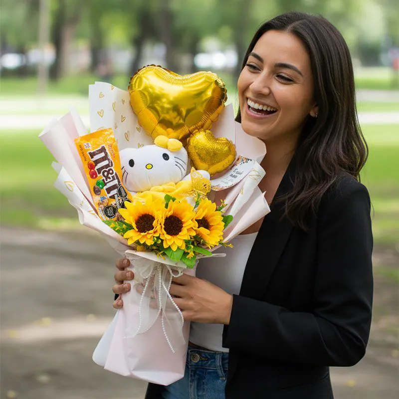 Modelo con ramo amarillo de Hello Kitty y girasoles en parque
