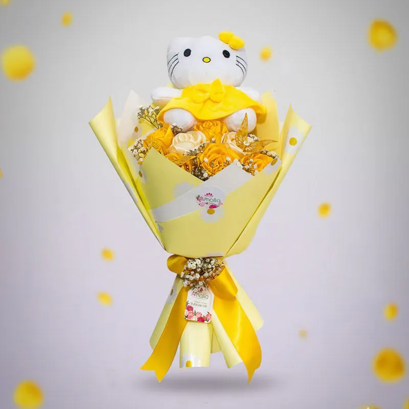 Bouquet amarillo con Hello Kitty y rosas amarillas, campaña de flores amarillas en Lima