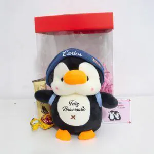 Pingüino de peluche individual con gorro azul estampado con nombre Carlos y fecha en el pecho, regalo para novio.