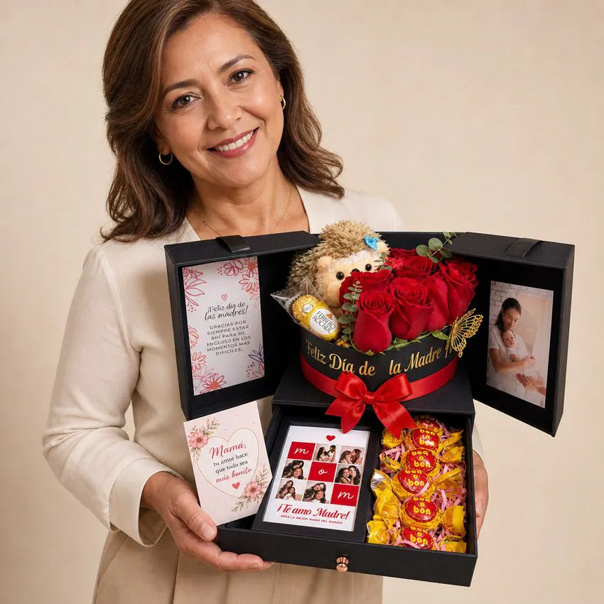 Mamá feliz sosteniendo caja premium con rosas, peluche, chocolates y fotos personalizadas de Florería Amalia