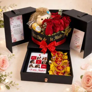 Caja regalo para el Día de la Madre con rosas rojas, peluche, chocolates y detalles personalizados