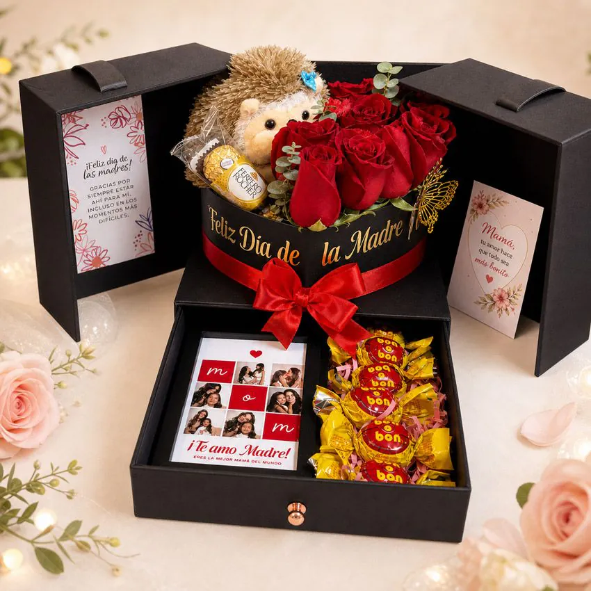 Caja regalo para el Día de la Madre con rosas rojas, peluche, chocolates y detalles personalizados