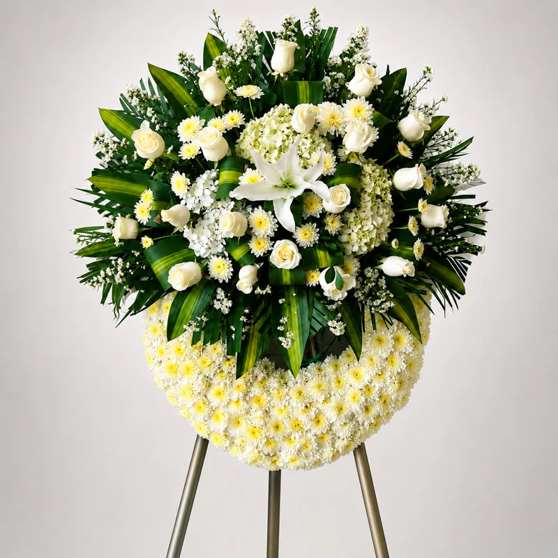 Corona fúnebre blanca media luna con rosas, lirios, hortensias y follaje verde de Florería Amalia