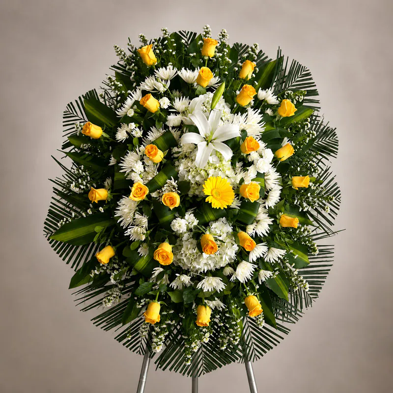 Corona fúnebre con rosas amarillas, flores blancas, lirios y follaje verde de Florería Amalia