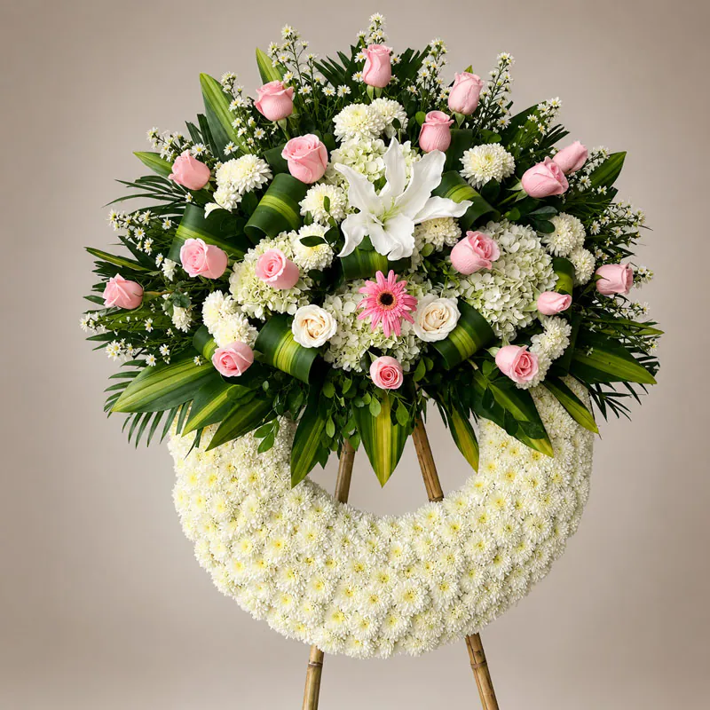 Corona fúnebre media luna con rosas rosadas, lirios, hortensias y flores blancas de Florería Amalia