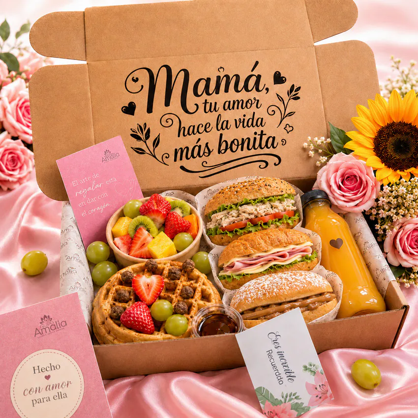 Desayuno sorpresa para mamá con flores, frutas, waffle, sándwiches y jugo de Florería Amalia