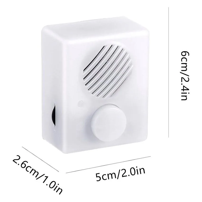 Módulo grabador de voz blanco para peluches mostrando botón de reproducción y sus medidas compactas de 6x5 centímetros.