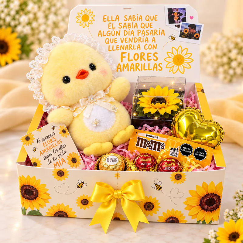 Box de flores amarillas con peluche de pollito, girasol, chocolates y globo de corazón de Florería Amalia