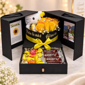 Box premium con rosas amarillas, peluche, chocolates y fotos personalizadas de Florería Amalia