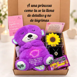 Box regalo con nutria de peluche personalizada, girasol, collar y chocolate de Florería Amalia