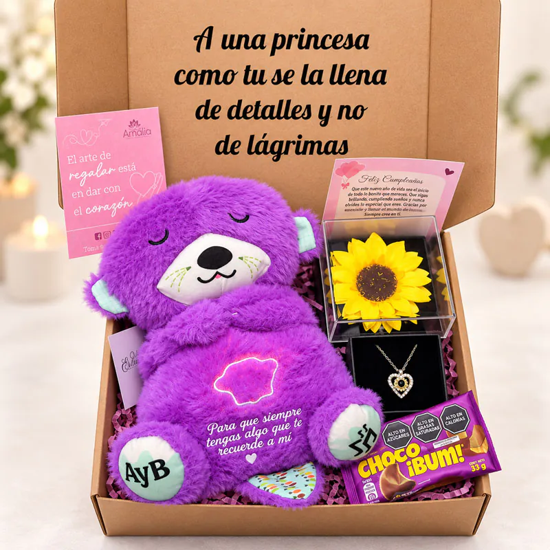 Box regalo con nutria de peluche personalizada, girasol, collar y chocolate de Florería Amalia