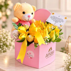 Box de rosas amarillas con osito de peluche y chocolates Ferrero Rocher de Florería Amalia