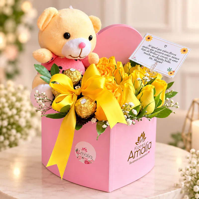 Box de rosas amarillas con osito de peluche y chocolates Ferrero Rocher de Florería Amalia