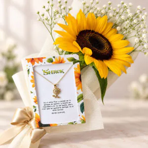 Girasol con collar de dije de girasol y tarjeta romántica de Florería Amalia