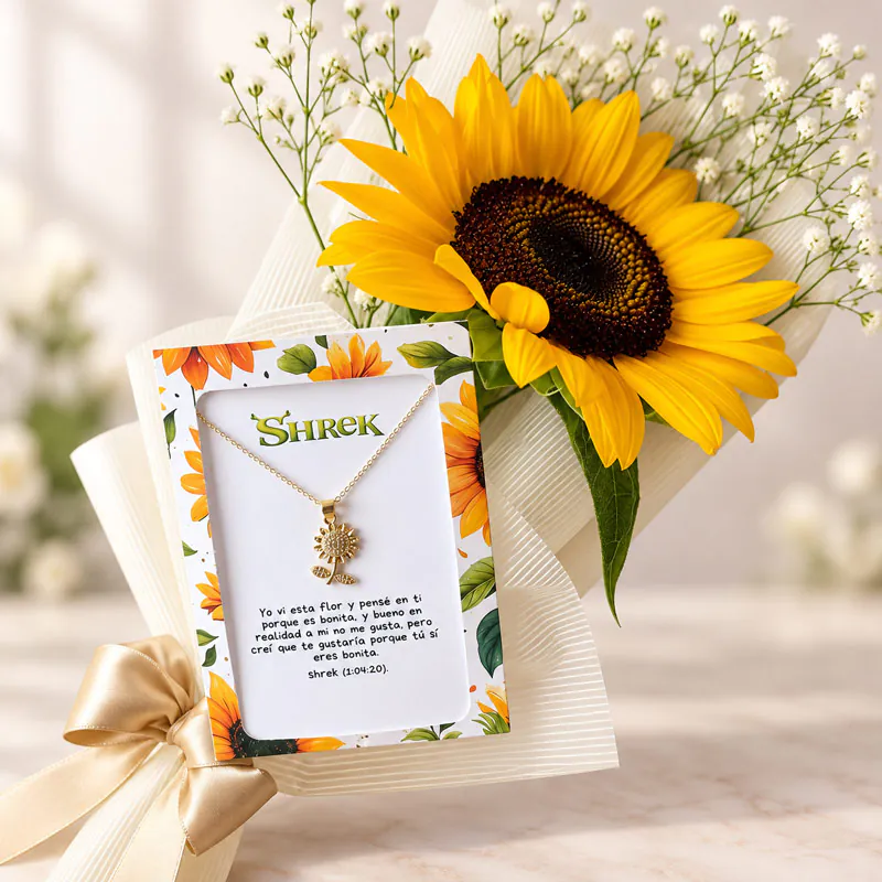 Girasol con collar de dije de girasol y tarjeta romántica de Florería Amalia