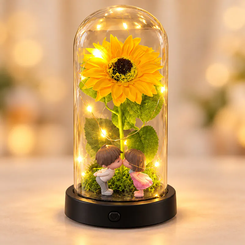 Girasol en cúpula con luces LED y figura de pareja romántica de Florería Amalia