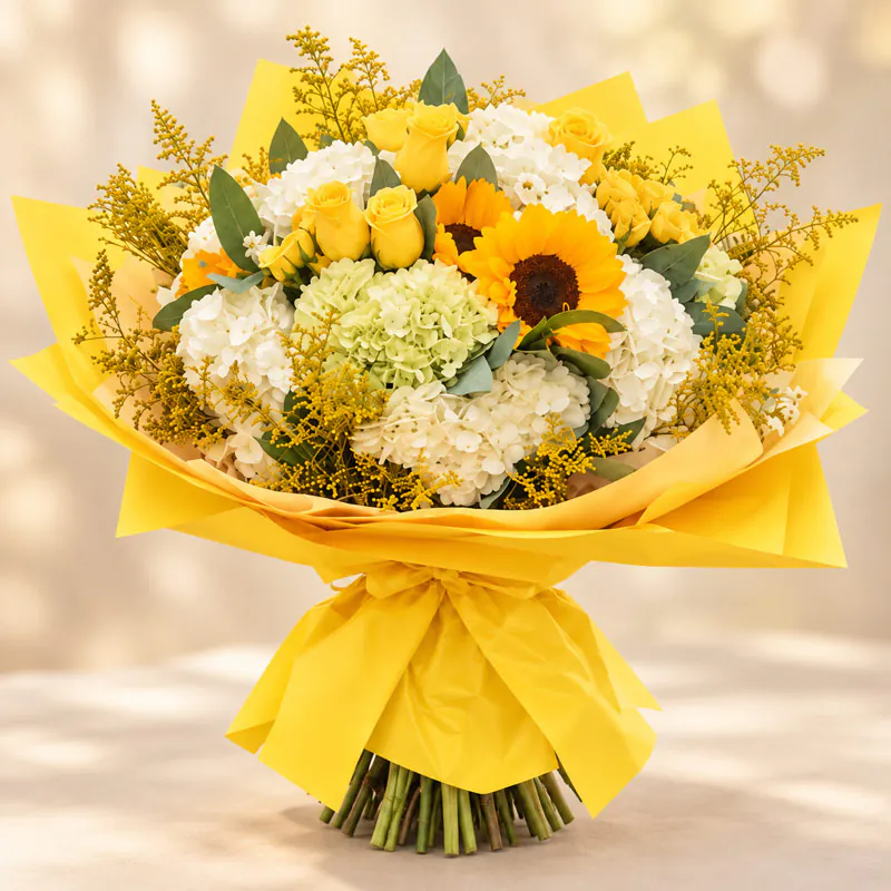 Ramo de flores amarillas con girasoles, rosas amarillas y hortensias blancas de Florería Amalia
