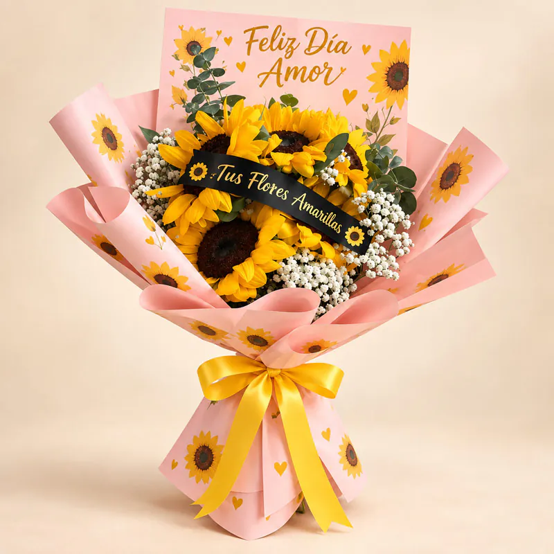 Ramo de girasoles amarillos con flores blancas y envoltura rosada de Florería Amalia
