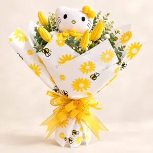 Ramo con peluche Hello Kitty y tulipanes amarillos de Florería Amalia