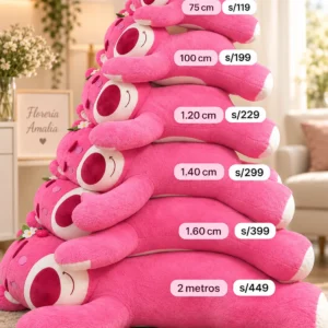 Guía de tamaños y precios de peluches Lotso rosados.