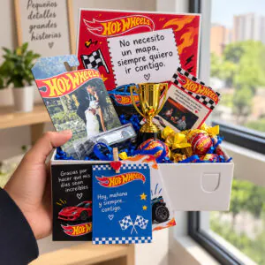 Box Hot Wheels con foto personalizada, trofeo, chocolates y mensajes románticos de Florería Amalia