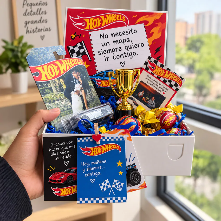 Box Hot Wheels con foto personalizada, trofeo, chocolates y mensajes románticos de Florería Amalia
