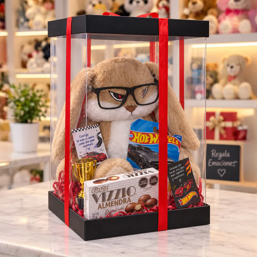 Box regalo para novio con peluche conejo gruñón, Hot Wheels y chocolates de Florería Amalia