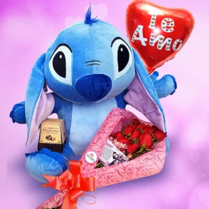 Stitch de un metro con rosas rojas, globo corazón y chocolates Princesa.