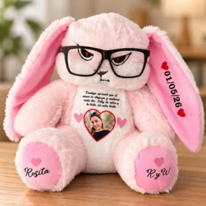 Conejo rosado con lentes negros, 35 cm.