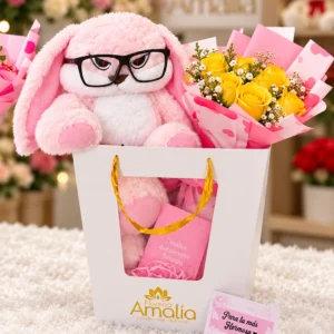 Conejo rosado con lentes y mini ramo, 35 cm.