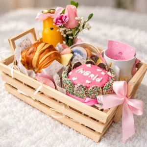 Bandeja con tortita rosa, croissant, taza y flores.