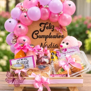 Bandeja con osito, mariposas y arco de globos rosados.