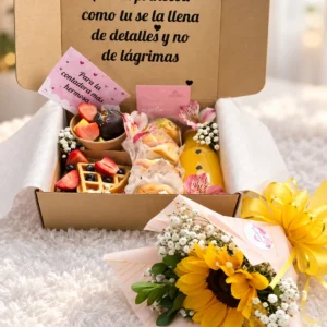 Caja de desayuno con ramo de girasol.