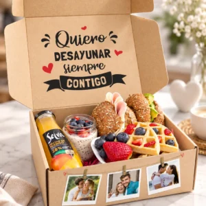 Caja con fotografías, sándwiches y waffles con fruta.