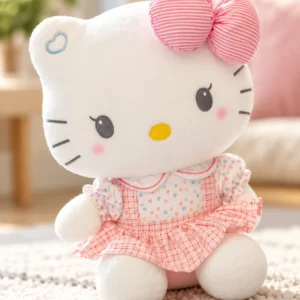 Hello Kitty con lazo a rayas y vestido rosa a cuadros.
