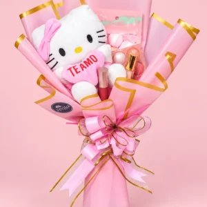 Kitty Beauty: Hello Kitty con corazón, paleta de maquillaje, aplicadores y cosméticos.