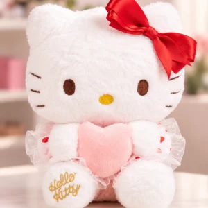 Hello Kitty con lazo rojo, corazón rosa y vestido con volantes.